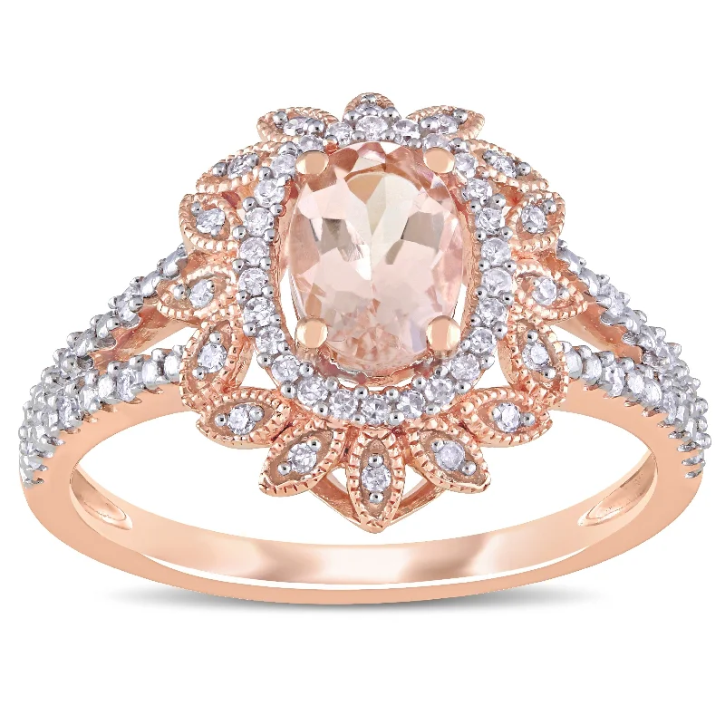 fashion ring for women -Miadora 10k Rose Gold Morganite and 1/5ct TDW Diamond Floral Halo Split Shank Ring