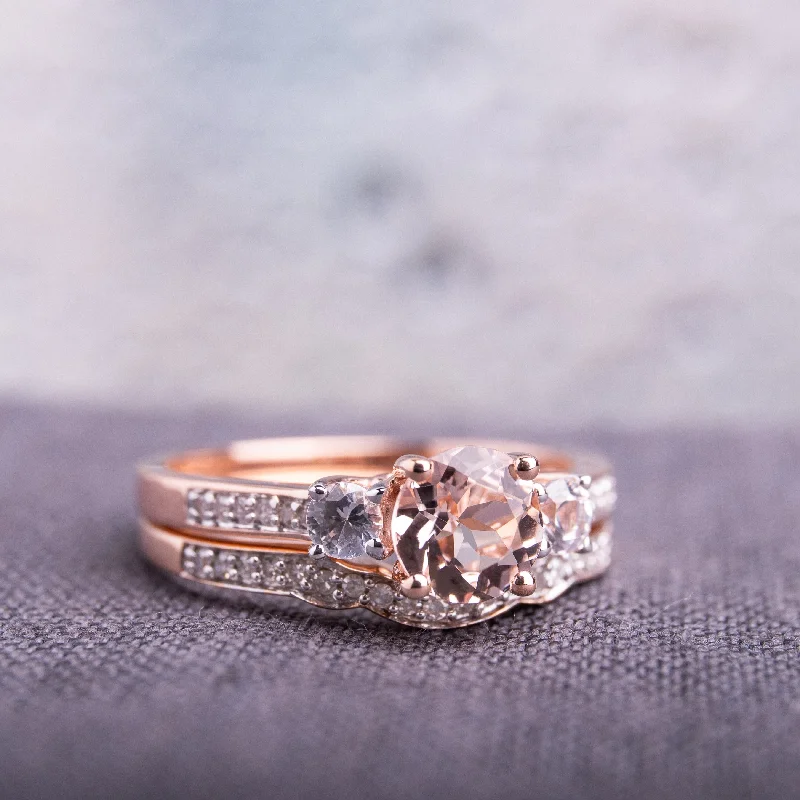 graduation ring for girls -Miadora 10k Rose Gold Morganite, Created White Sapphire and 1/6ct TDW Diamond Bridal Set