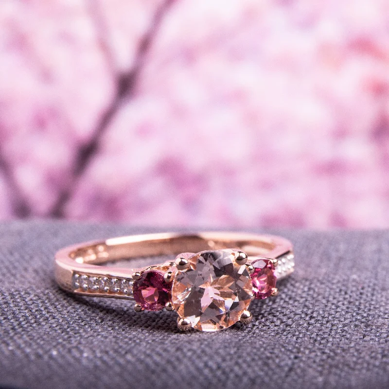 gold coin ring for women -Miadora 10k Rose Gold Morganite, Tourmaline and Diamond 3-Stone Ring