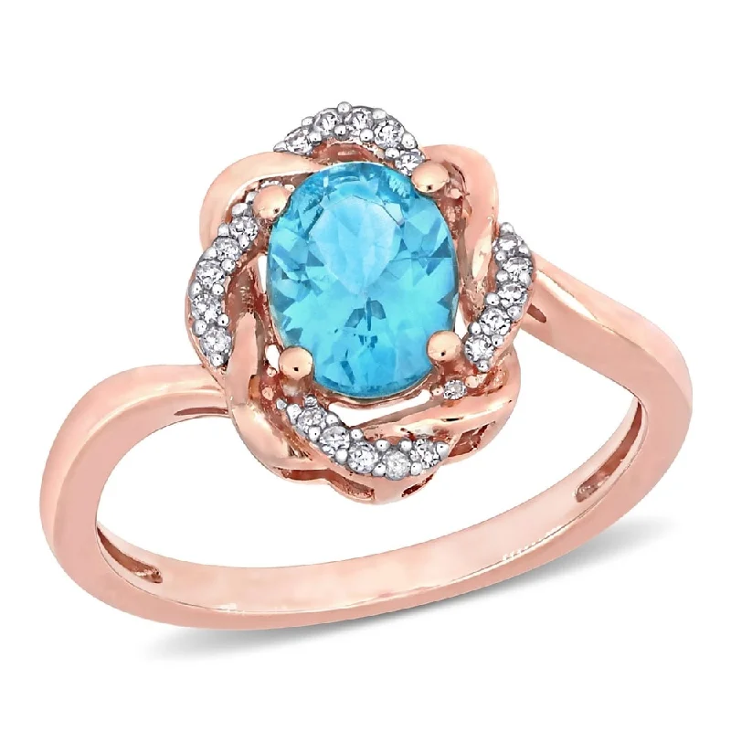 luxury pearl ring for brides -Miadora 10k Rose Gold Oval-cut Apatite & 1/10ct TDW Diamond Twisted Halo Ring