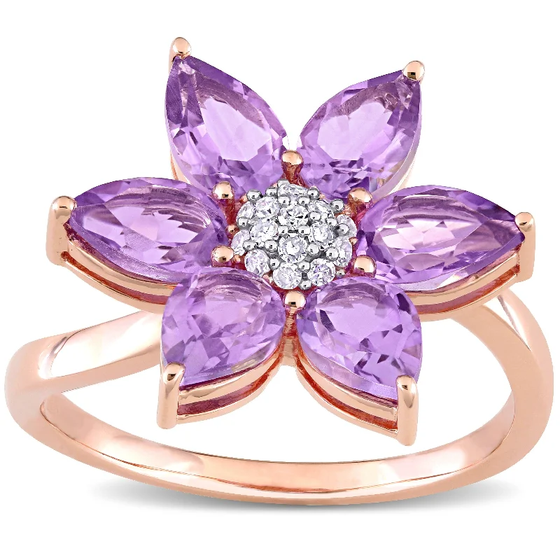 minimalist ring for everyday wear -Miadora 10k Rose Gold Pear-cut Amethyst and 1/10ct TDW Diamond Clustered Flower Ring