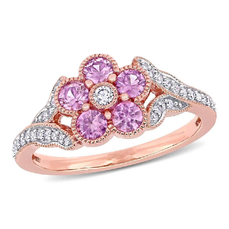 cubic zirconia ring for women -Miadora 10k Rose Gold Pink Sapphire and 1/6ct TDW Diamond Split Shank Flower Ring