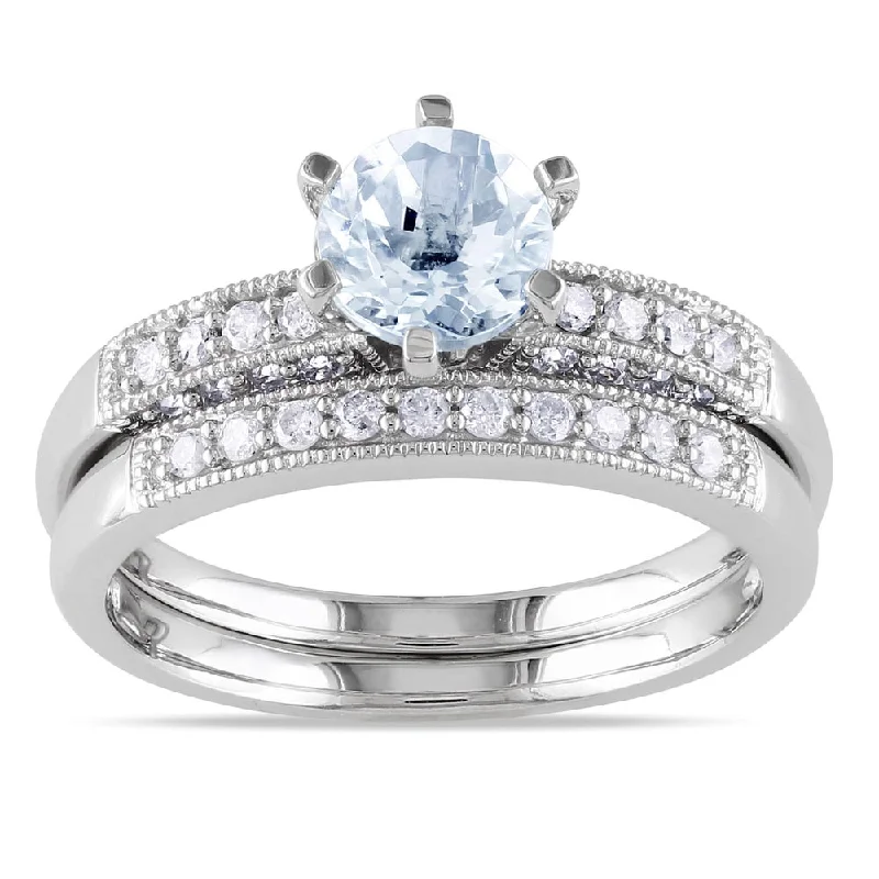 vintage ring for women -Miadora 10k White Gold Aquamarine 1/3ct TDW Diamond Bridal Ring Set