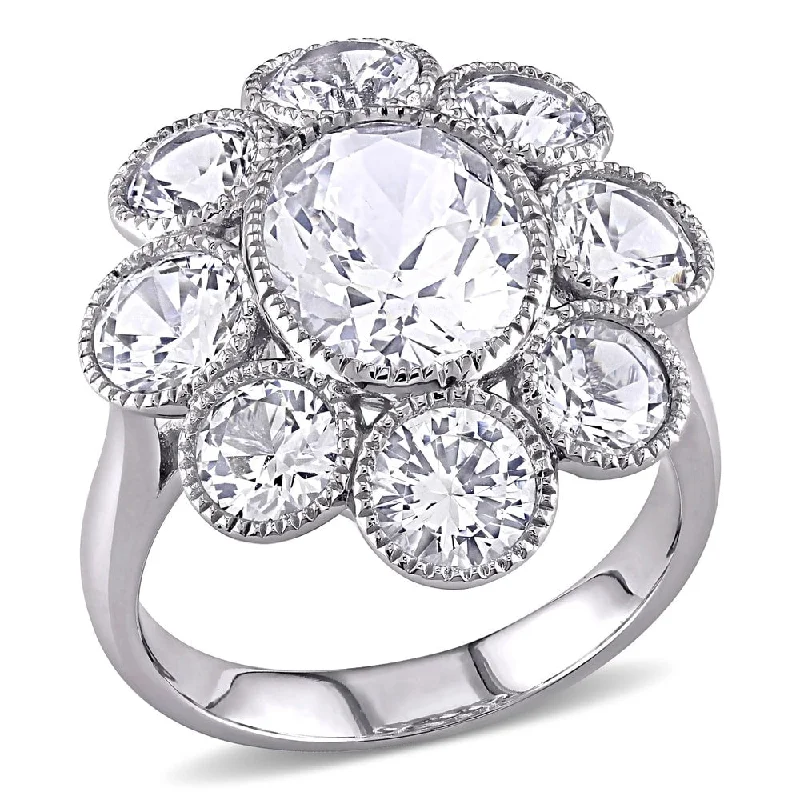 fashion ring for women -Miadora 10k White Gold Created White Sapphire Flower Cocktail Ring