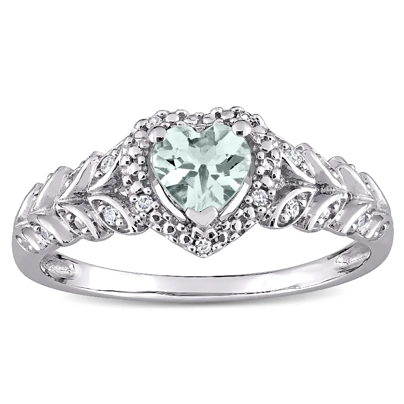 nature-inspired ring for women -Miadora 10k White Gold Heart-cut Aquamarine and Diamond Accent Halo Heart Leaf Ring