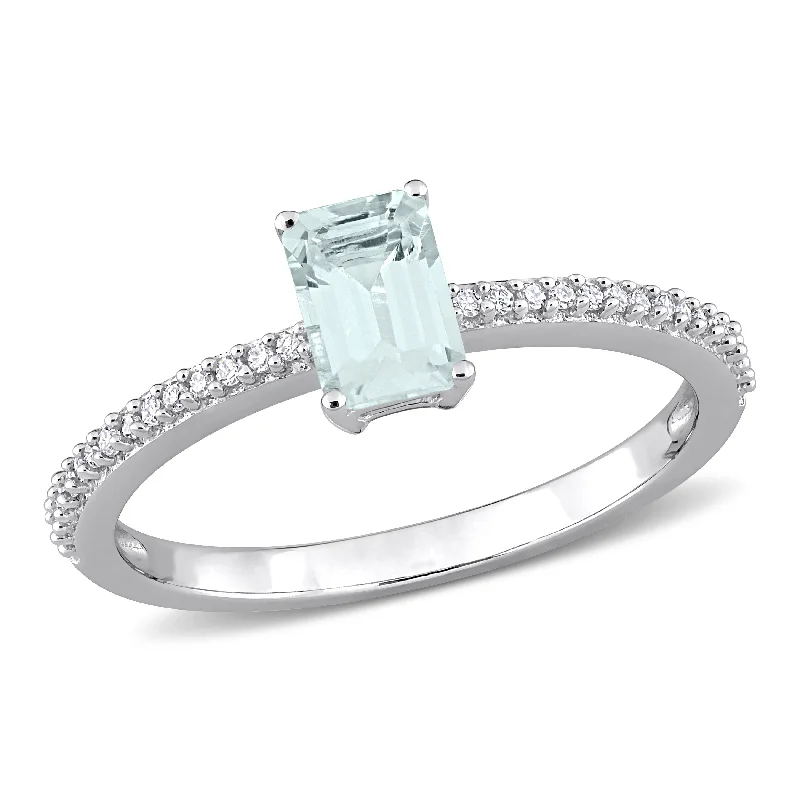 gold coin ring for women -Miadora 10k White Gold Octagon-cut Aquamarine and 1/10ct TDW Diamond Birthstone Ring