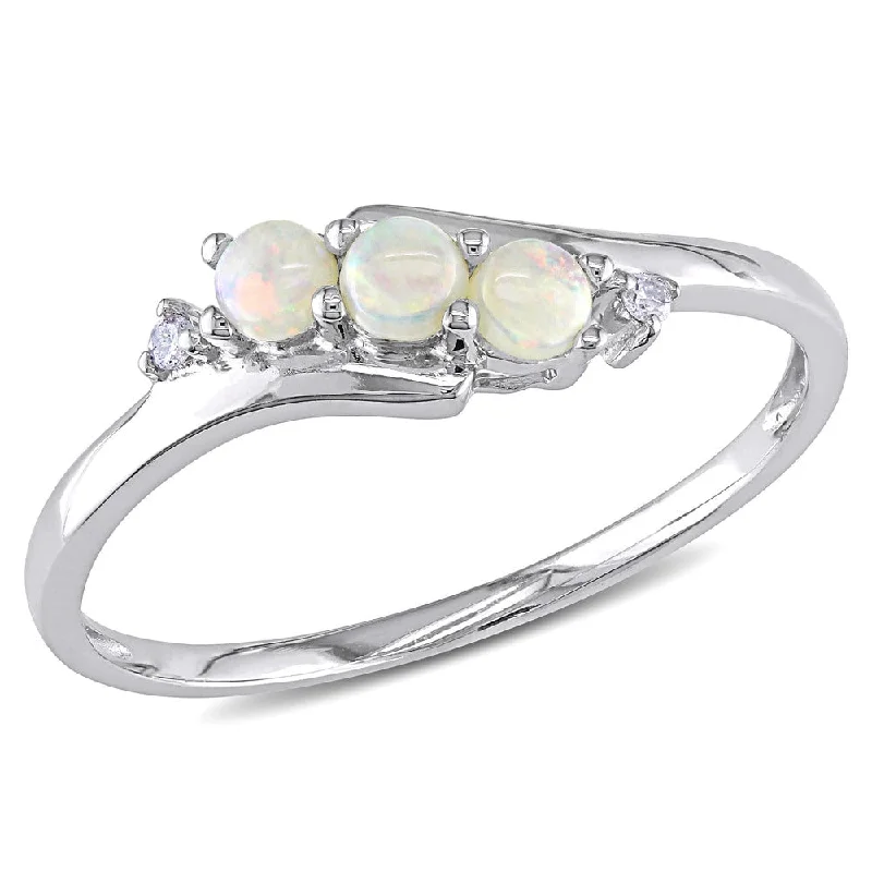 bar ring with engraving -Miadora 10k White Gold Opal and Diamond Accent Three Stone Ring