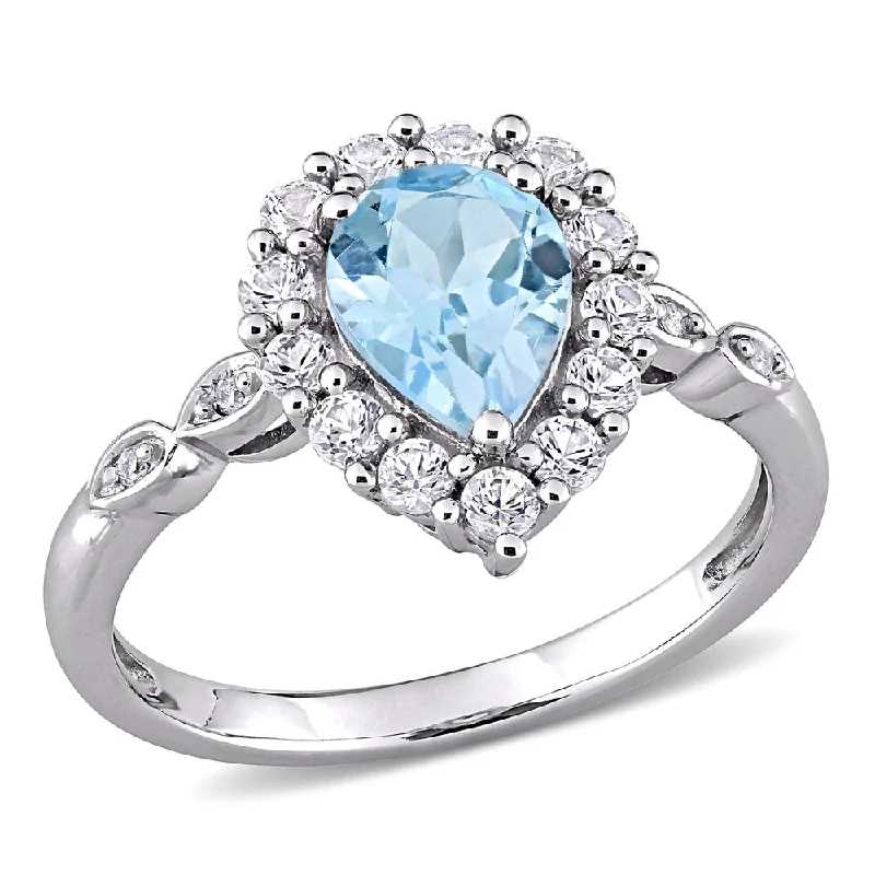 personalized letter ring for women -Miadora 10k White Gold Sky-Blue Topaz Created White Sapphire & Diamond Teardrop Halo Engagement Ring