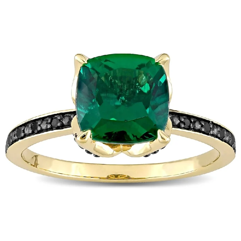 statement ring for special occasions -Miadora 10k Yellow Gold Cushion-Cut Created Emerald and Black Diamond Ring