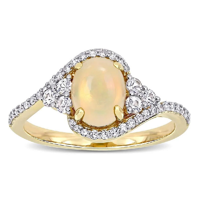 pink gemstone ring for women -Miadora 10k Yellow Gold Ethiopian Yellow Opal White Sapphire & 1/5ct TDW Diamond Bypass Ring