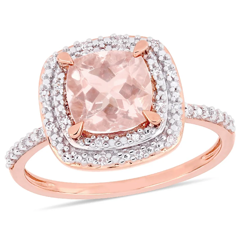 heart-shaped ring for women -Miadora 14k Rose Gold Cushion-Cut Morganite 1/10ct TDW Diamond Double Halo Ring