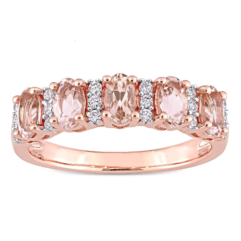 sterling silver ring for men -Miadora 14k Rose Gold Oval-Cut Morganite and 1/6ct TDW Diamond Anniversary Band Ring