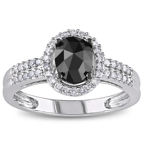 heart band ring for women -Miadora 14k White Gold 1ct TDW Oval Black and White Diamond Halo Engagement Ring