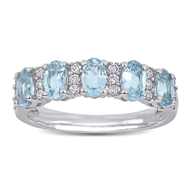 friendship ring with initials -Miadora 14k White Gold Oval-Cut Aquamarine and 1/6ct TDW Diamond Anniversary Band