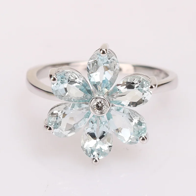 bold statement ring for women -Miadora 14k White Gold Pear-cut Aquamarine and Diamond Accent Flower Ring