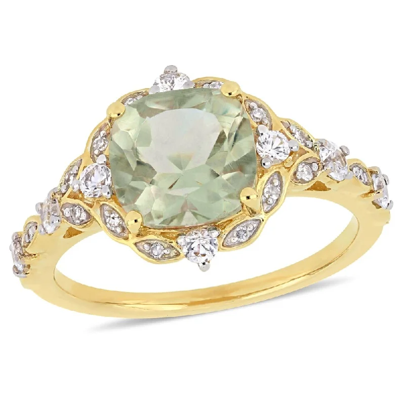 bold geometric ring for women -Miadora 14k Yellow Gold Green Amethyst White Sapphire & Diamond Vintage Ring