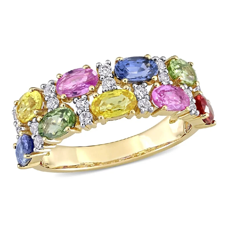 gemstone ring for women -Miadora 14k Yellow Gold Oval-Cut Multi-Color Sapphire Semi-Eternity 2-Row Anniversary Band