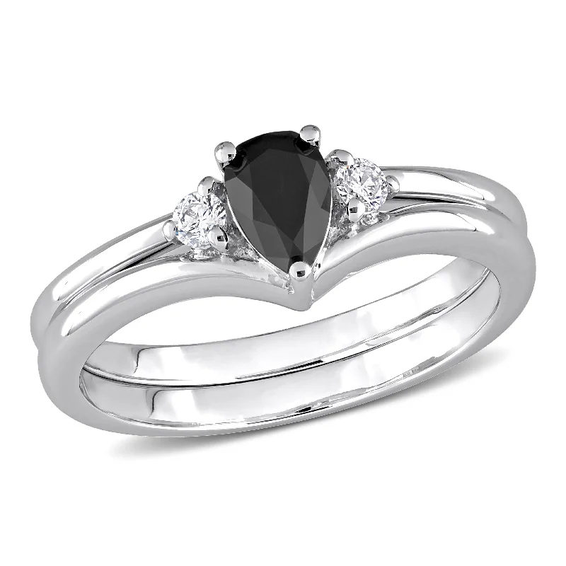 evil eye ring for protection -Miadora 3/5ct TDW Pear & Round-Cut Black & White Diamond 3-Stone Bridal Ring Set in 10k White Gold