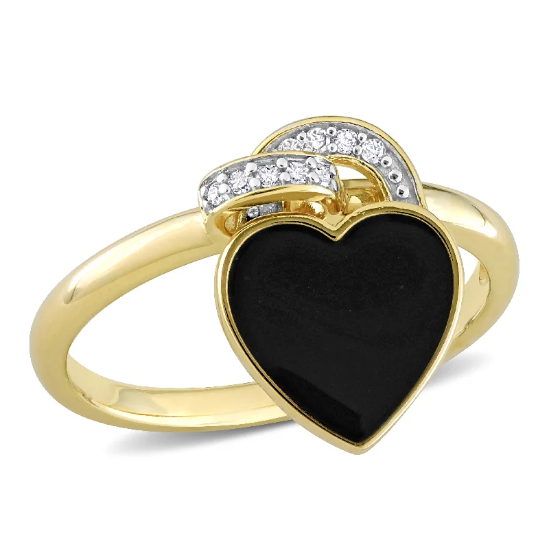 gold coin ring for women -Miadora Diamond Accent Black Enamel Heart Ring in Yellow Silver