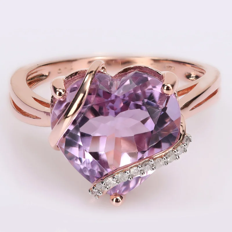 personalized letter ring for women -Miadora Heart-cut Amethyst and Diamond Accent Swirl Cocktail Split Shank Ring in Rose Plated Sterling Silver