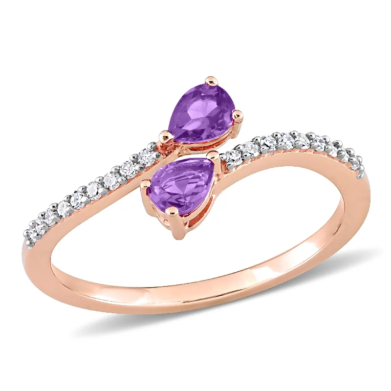 dainty ring for layering -Miadora Pear-cut Amethyst and 1/10ct TDW Diamond Teardrop Bypass Ring in 10k Rose Gold