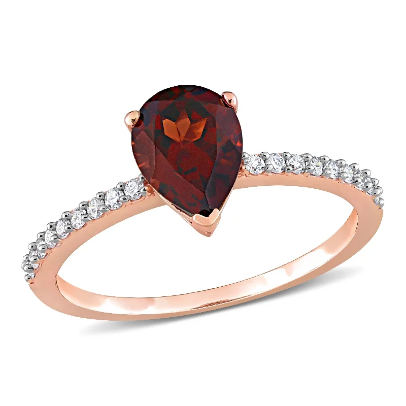 diamond stacking ring for women -Miadora Pear-cut Garnet and 1/6ct TDW Diamond Teardrop Ring in 14k Rose Gold