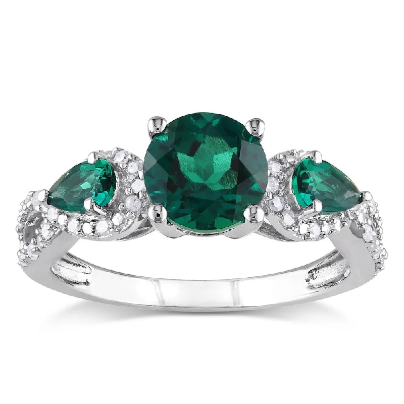 trendy thumb ring for women -Miadora Silver Created Emerald and 1/6ct TDW Diamond 3-stone Ring (H-I, I2-I3)