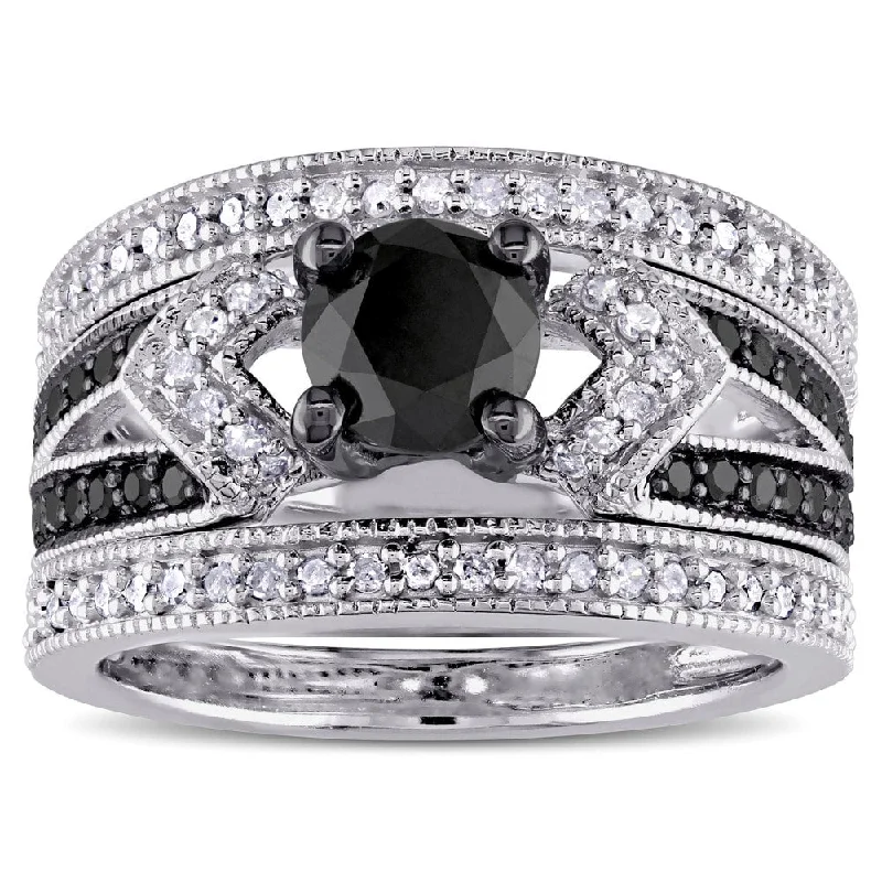 diamond promise ring for women -Miadora Sterling Silver 1 1/4ct TDW Black and White Diamond Split Shank 3-Piece Bridal Set