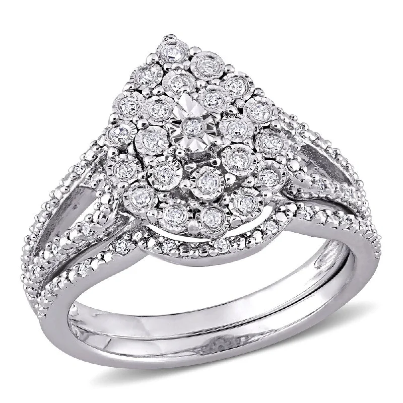 ocean wave ring for beach lovers -Miadora Sterling Silver 1/4ct TDW Diamond Pear Cluster Split Shank Wedding Ring Set