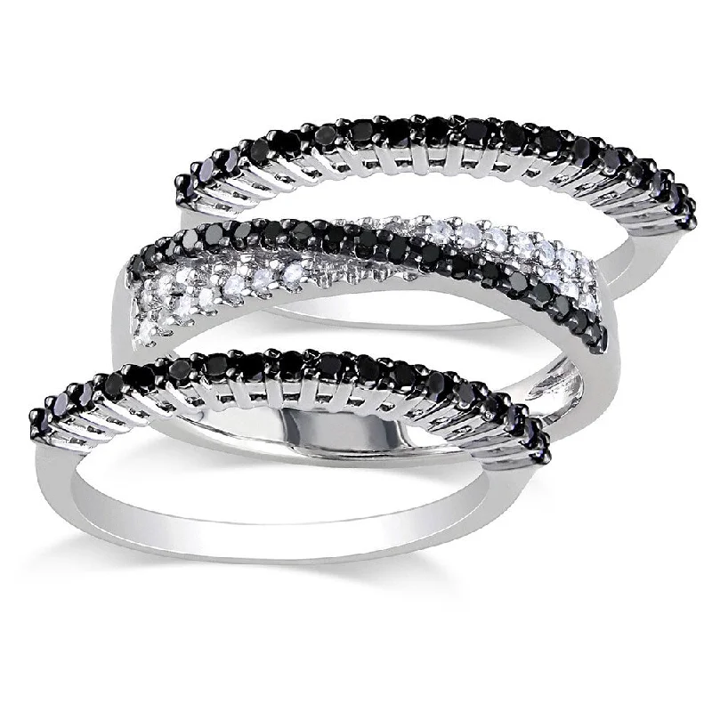 dainty ring for layering -Miadora Sterling Silver 5/8ct TDW Black and White Diamond 3-piece Anniversary Stackable Ring Set