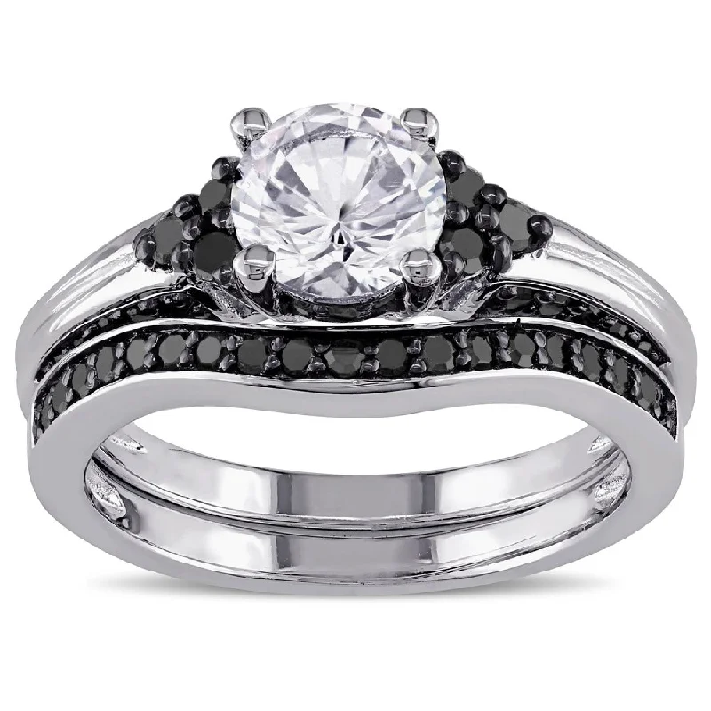 gemstone ring for women -Miadora Sterling Silver Created White Sapphire and 3/5ct TDW Black Diamond Bridal Ring Set