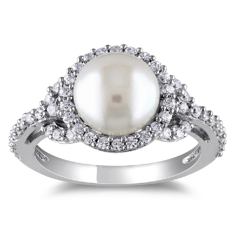 family tree ring for moms -Miadora Sterling Silver Cubic Zirconia and Pearl Ring (8.5-9 mm)