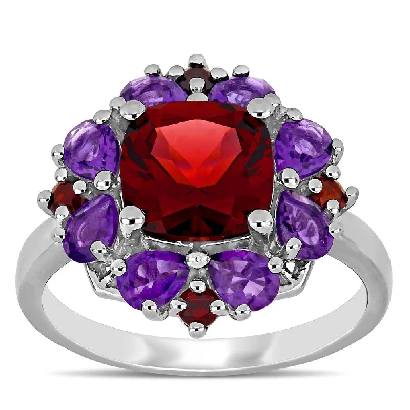 heart signet ring for women -Miadora Sterling Silver Garnet and African-Amethyst Floral Cluster Ring