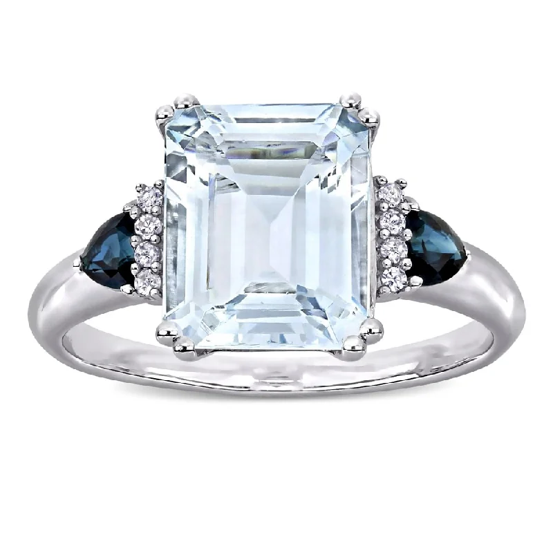 rose gold ring for women -Miadora Sterling Silver Multi-Cut Ice Aquamarine Blue Sapphire and Diamond 3-stone Cocktail Ring