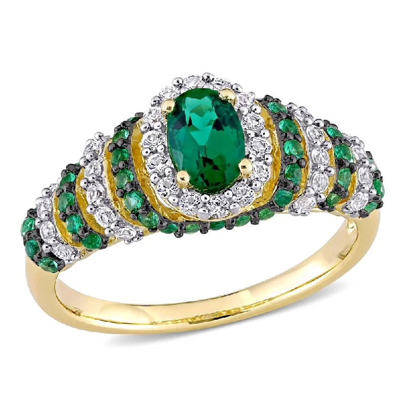 celestial ring for women -Miadora Sterling Silver Oval Created Emerald & Created White Sapphire Halo Layered Cocktail Ring