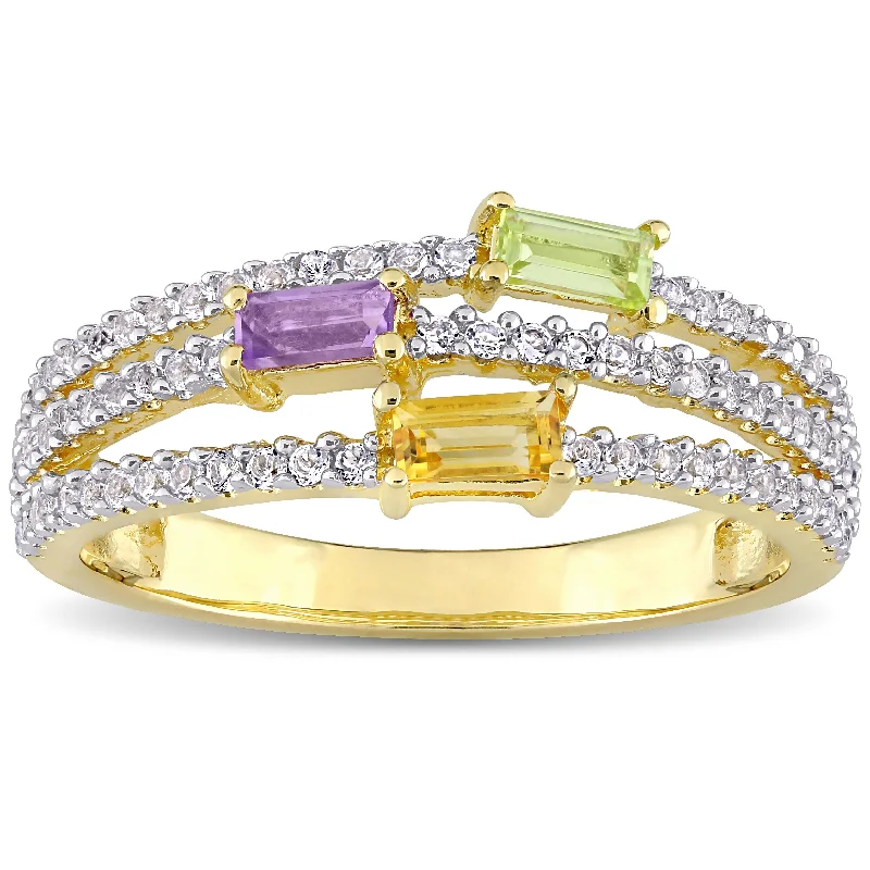 sunflower ring for women -Multi Color Citrine, Peridot, Amethyst & White Topaz Multi Row Ring in Yellow Plated Sterling Silver by Miadora