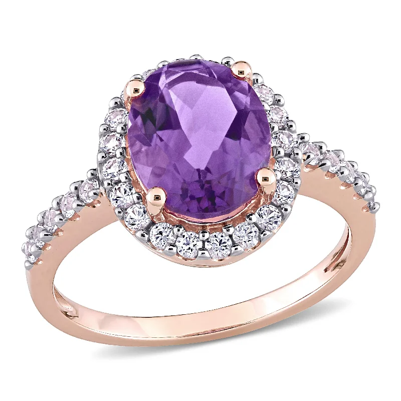 men’s signet ring -Oval-cut Amethyst and Created White Sapphire Halo Engagement Ring in 10k White Gold by Miadora