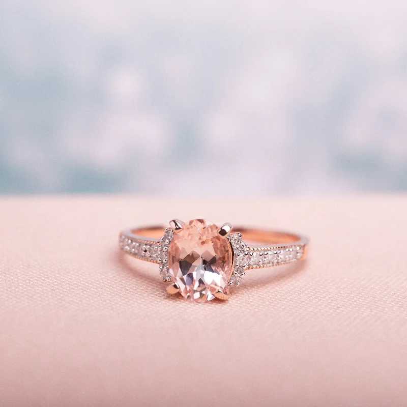 rose quartz ring for women -Oval-Cut Morganite and Diamond Ring in Rose Plated Sterling Silver by Miadora