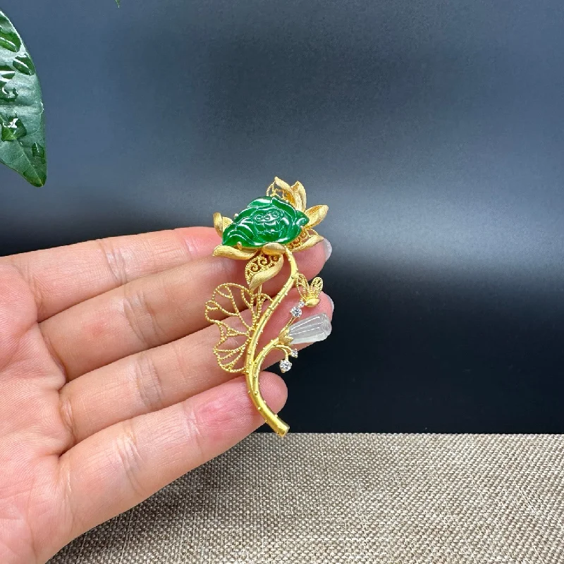 geometric ring for women -RealJade 18K Yellow Gold Genuine Imperial Green Jadeite Jade Brooch