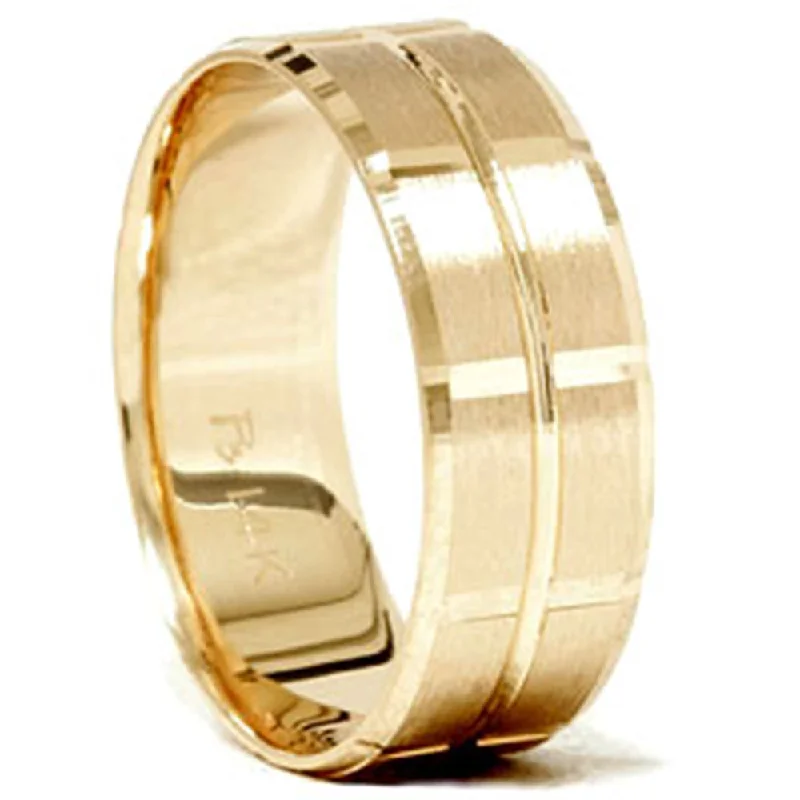 bar band ring for women -14K Yellow Gold Mens 8mm Swiss Cut Wedding Ring Size Selectable