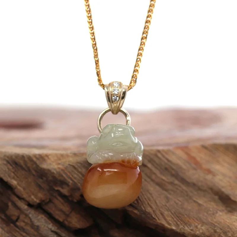 gold nameplate necklace for women -14k Yellow Natural Jadeite Jin Chan "Money Toad" Necklace With 14k Yellow Gold Diamond Bail