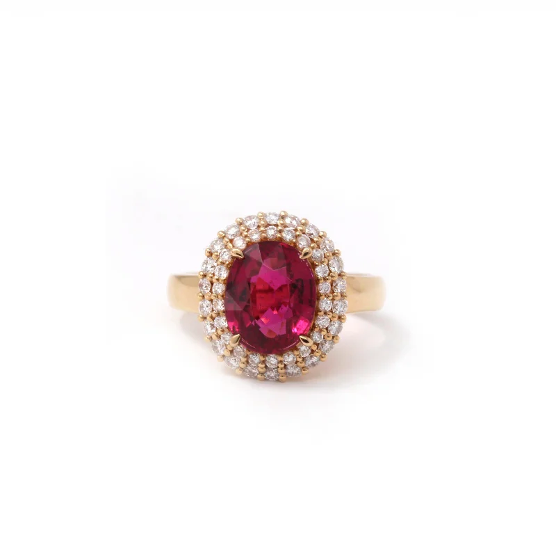 thumb ring for women -18k Rose Gold Natural Red Tourmaline with Diamonds Halo Ring