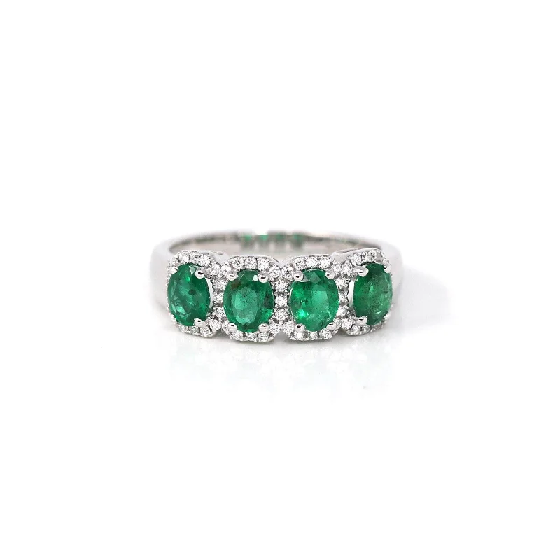 custom handwriting ring for gifts -18k White Gold Natural Emerald Four Stones Set Band Ring with Diamonds