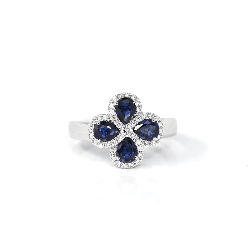 men’s signet ring -18k White Gold Natural Four Tear Drop Blue Sapphire Ring with Diamonds