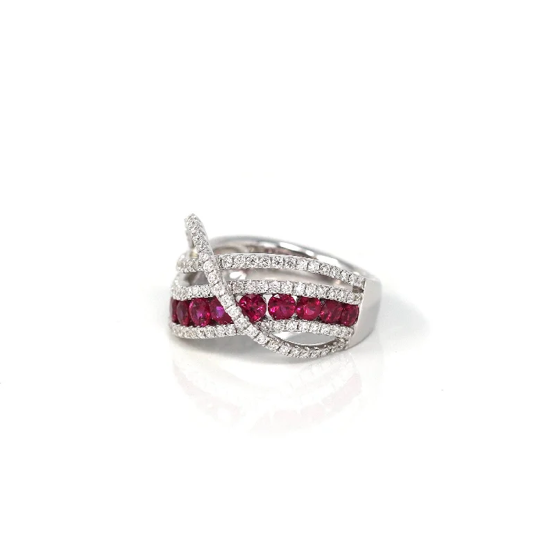 monogram ring for women -18k White Gold Natural Ruby Channel Set Fancy Ring with Diamonds