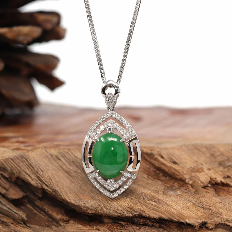 gold locket necklace for photos -18K White Gold Oval Imperial Jadeite Jade Cabochon Necklace with Diamonds