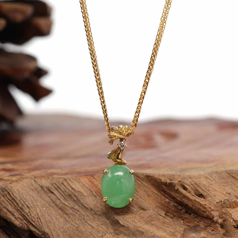 engraved birthstone necklace for moms -18K Yellow Gold "Ginkgo Leaf" Oval Apple Green Jadeite Jade Cabochon Necklace with Diamonds