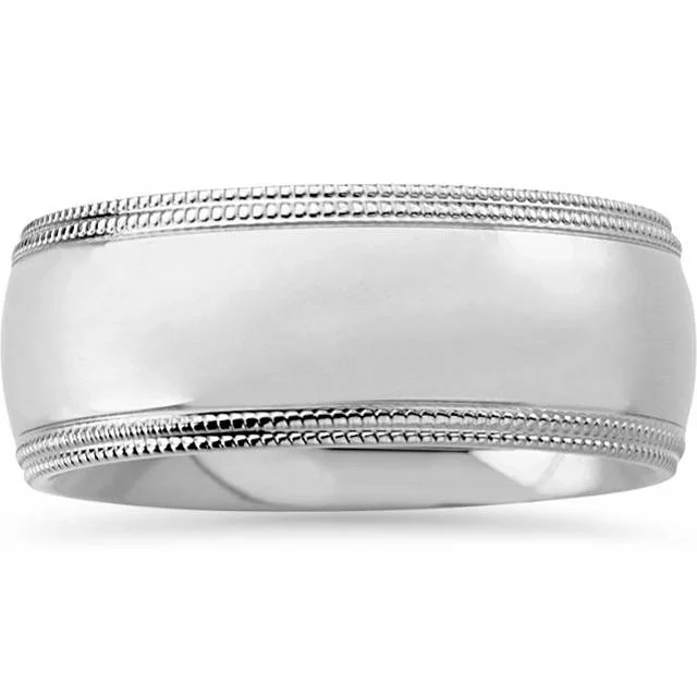 ocean wave ring for beach lovers -8mm Double Milgrain Wedding Band 14K White Gold Size Selectable