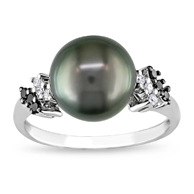 minimalist band ring for women -9-10 MM Tahitian Cultured Pearl 1/8ct TDW Black and White Diamond Ring in 10k White Gold by Miadora