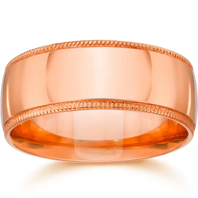 geometric ring for women -9mm Milgrain 14K Rose Gold Polished Wedding Band Size Selectable